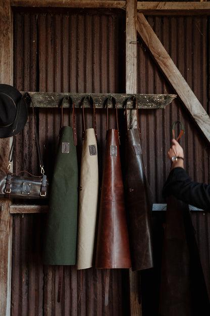 Canvas Apron With Leather Trims - British Olive Green